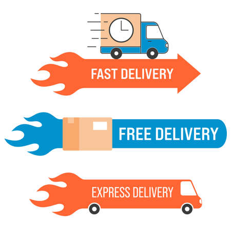 Free and Fast Delivery labels set. Express delivery truck icon. Vector illustrationのイラスト素材