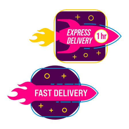 Delivery Emblems Set. Express and Fast Delivery Rocket Icons. Vector illustrationのイラスト素材