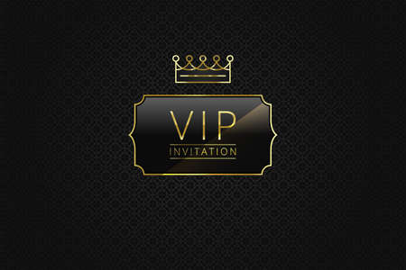 VIP banner design template. Glass badge with golden frame and crown on a black pattern background. Luxury premium design. Vector illustrationのイラスト素材