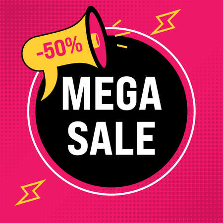 Sale banner. Red background with Megaphone and lightning. Template for banner, poster, header website. Cartoon vector illustrationのイラスト素材