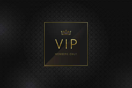VIP banner design template. Square badge with golden frame and crown on a black pattern background. Luxury premium design. Vector illustrationのイラスト素材