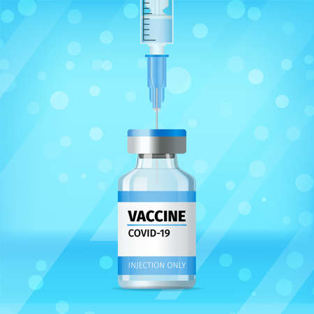 Coronavirus vaccine pandemic concept. Vaccination with vaccine bottle and syringe injection tool for covid19 immunization treatment. Vector Illustrationのイラスト素材