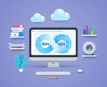 Enterprise DevOps. Computer with open diagram pages on screen. Keyboard and mouse. Books, gear, Bar Chart and spanner on the shelves. Web vector illustrations in 3D styleのイラスト素材