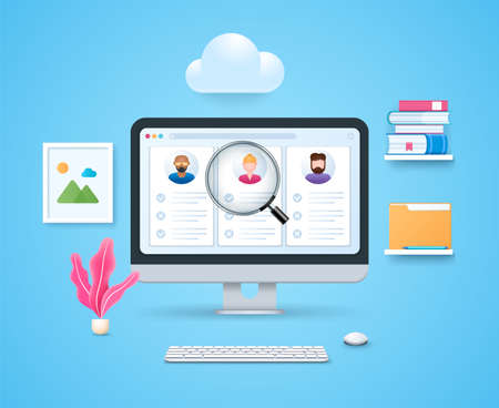 Hiring and human resource management. Computer with open diagram pages on screen. Keyboard and mouse. Online job search and human resource, recruitment concept. Books and folder on the shelves. Web vector illustrations in 3D styleのイラスト素材