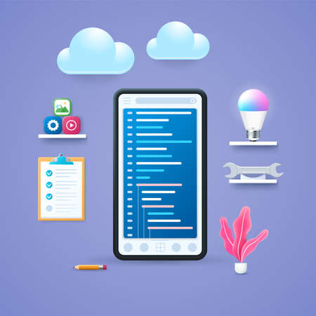 Mobile application development concept. Mobile smart phone with open diagram pages on screen. Programming on a smartphone. Apps, smart light lamp, and spanner on the shelves. Web vector illustrations in 3D styleのイラスト素材