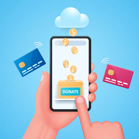 Donating money by online payments. Hand holds smartphone, finger touches donate button on screen. Gold coins fall into the box. Web vector illustrations in 3D styleのイラスト素材