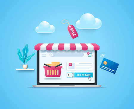 Online shopping concept. Store on laptop screen with striped awning. Boxes in a basket. Purchase process. Web vector illustrations in 3D styleのイラスト素材