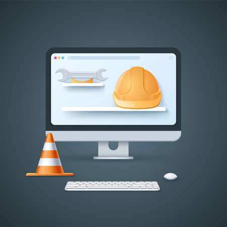 Website is under construction page. Computer with safety helmet and spanner on the screen. Traffic road cone. Web vector illustrations in 3D styleのイラスト素材