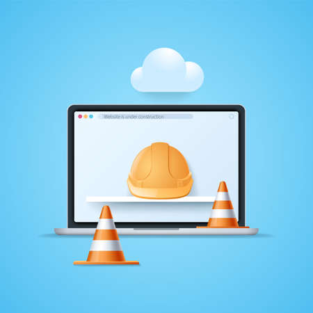 Website is under construction page. Laptop with safety helmet on the screen. Traffic road cones. Web vector illustrations in 3D styleのイラスト素材
