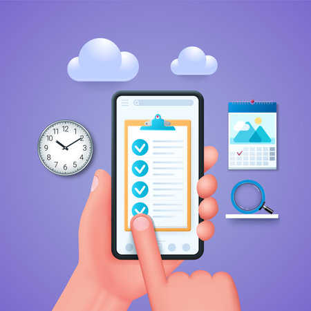 Checklist on smartphone screen concept. Hand hold smartphone, finger touch screen. Online survey. Web vector illustrations in 3D styleのイラスト素材