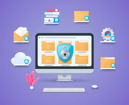 Data protection concept. Internet security, secure data exchange. Computer with data folders on screen. Keyboard and mouse. Web vector illustrations in 3D styleのイラスト素材