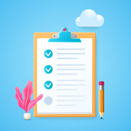 Marked checklist on a clipboard paper illustration. Application on notepad, marked checkboxes. Web vector illustrations in 3D styleのイラスト素材
