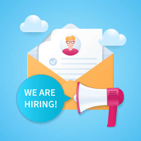 We are hiring illustration. Hiring recruitment design. Envelope, letter, megaphone on blue background. Web vector illustrations in 3D styleのイラスト素材