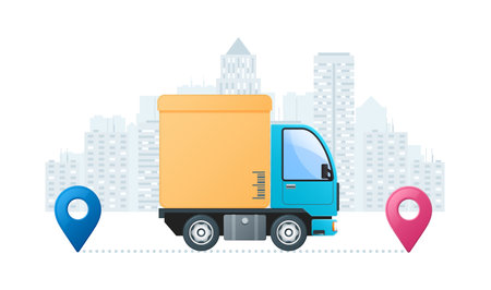 Delivery service concept. Delivery truck, map pointers on cityscape background. Web vector illustrations in 3D styleのイラスト素材