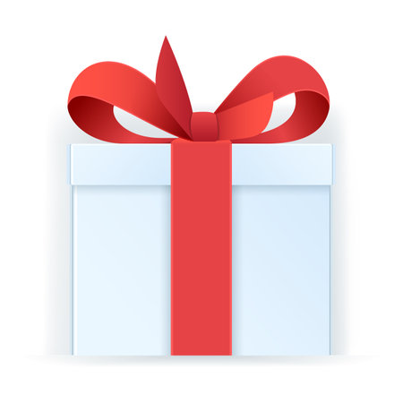 Gift box icon. White box tied with a red ribbon. Web vector illustration in 3D styleのイラスト素材