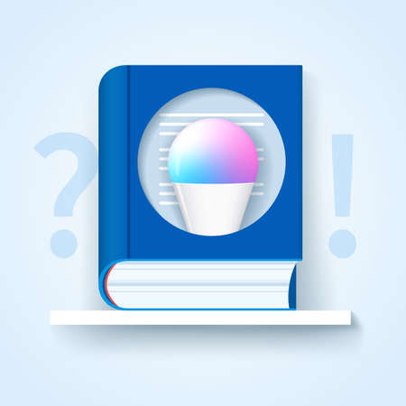 Frequently asked questions icon. Blue book with a bulb lamp inside. Tutorial concept. Web vector illustration in 3D styleのイラスト素材
