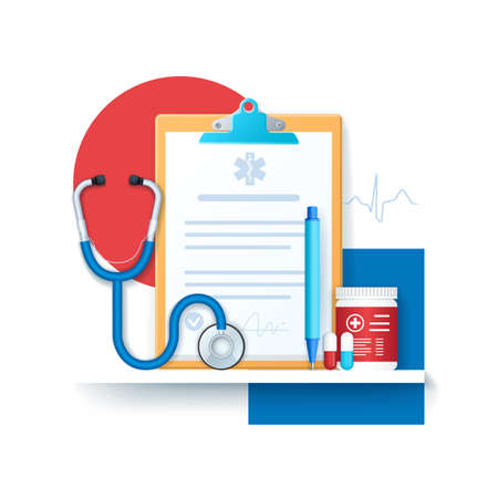 Medical record concept. Clipboard with medical cross and pen. Clinical record, prescription, medicines, stethoscope, health insurance concepts. Web vector illustration in 3D styleのイラスト素材