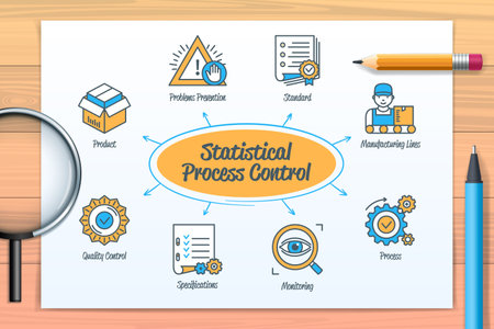 Statistical process control chart with icons and keywords. Manufacturing lines, quality control, standard, monitoring, process, product, specifications, problems prevention icons. Web vector infographic