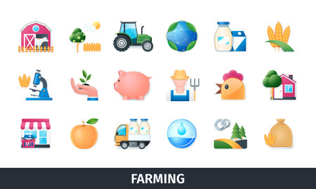 Farming 3d vector icon set. Plants, livestock, farming, ecology, tractor, irrigation, cultivation, shop, chicken, milk. Realistic objects in 3D styleのイラスト素材
