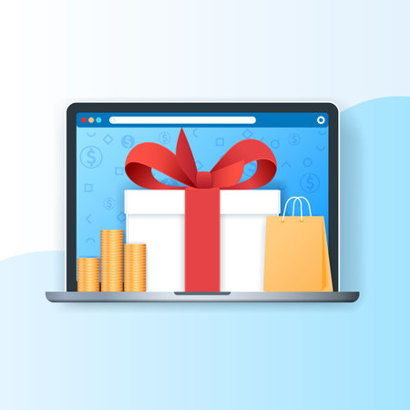 Loyalty reward banner. Laptop with gift box on the screen. Marketing program concept. Web vector illustration in 3D styleのイラスト素材