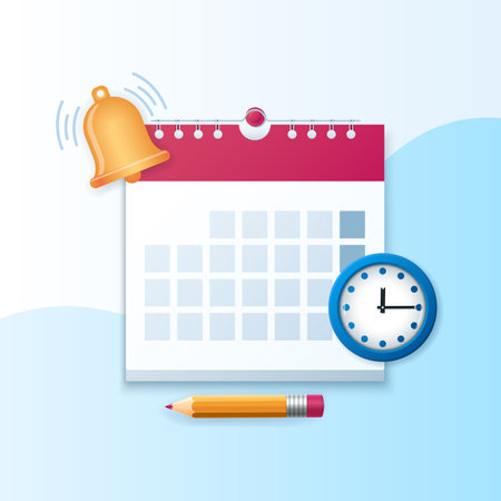 Reminder in calendar banner. Bell, calendar, pen and clock icons. Web vector illustration in 3D styleのイラスト素材
