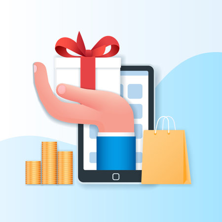 Earn point banner. Mobile phone with gift box on the screen. Loyalty program and get rewards. Marketing program concept. Web vector illustration in 3D styleのイラスト素材