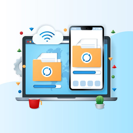 Data synchronization banner. Laptop and mobile phone with file folder and synchronization symbols icons on the screen. Computer technology concept. Web vector illustration in 3D styleのイラスト素材