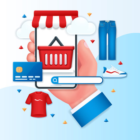 Online shopping banner. Smartphone with market basket and clothes icons. Business concept. Web vector illustration in 3D styleのイラスト素材