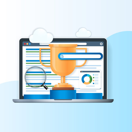 Search engine ranking banner. Trophy cup, magnifying glass, diagram and search bar icons on monitor screen. Business concept. Web vector illustration in 3D styleのイラスト素材