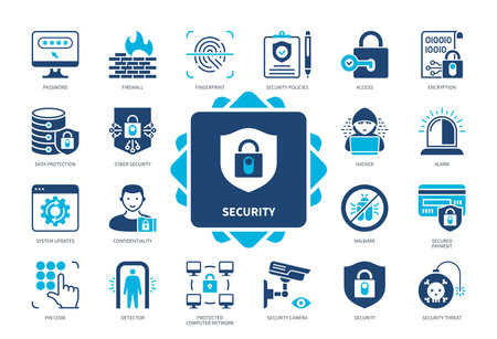 Security icon set. Password, Fingerprint, Firewall, detector, Security Camera, Hacker, Cyber Security. Duotone color solid iconsのイラスト素材