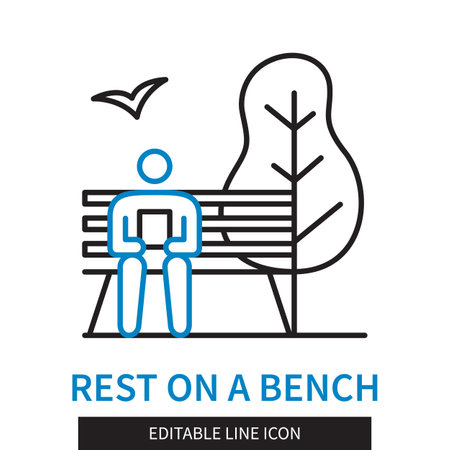 Editable line Rest on bench outline icon. Man sits on a bench in the park. Editable stroke icon isolated on white backgroundのイラスト素材
