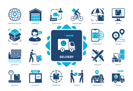 Delivery icon set. Food Delivery, Weighting, Supply Chain, Support, Parcel Insurance, Packaging, Forklift, Worldwide Delivery. Duotone color solid iconsのイラスト素材