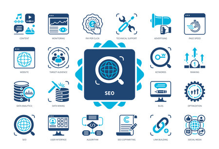 SEO icon set. Optimization, Target Audience, Schedule, Pay per Click, Optimization, Social media, Keywords, Monitoring, Website. Duotone color solid iconsのイラスト素材