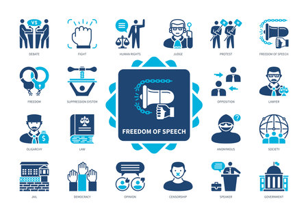Freedom of speech icon set. Protest, Anonymous, Freedom, Human Rights, Censorship, Opinion, Democracy, Government. Duotone color solid iconsのイラスト素材