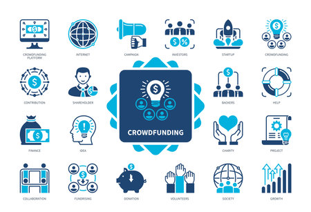 Crowdfunding icon set. Charity, Volunteers, Internet, Project, Investors, Startup, Growth, Fundrising. Duotone color solid iconsのイラスト素材