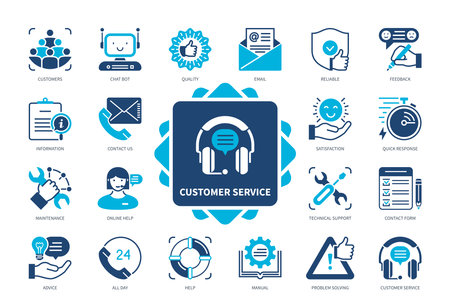 Customer Service icon set. Feedback, Maintenance, Advice, Quick Response, Information, Reliable, Problem Solving, Technical Support. Duotone color solid iconsのイラスト素材