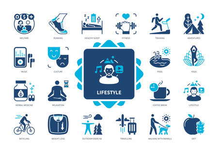 Lifestyle icon set. Running, Culture, Yoga, Herbal Medicine, Pool, Healthy Sleep, Adventures, Relaxation. Duotone color solid iconsのイラスト素材