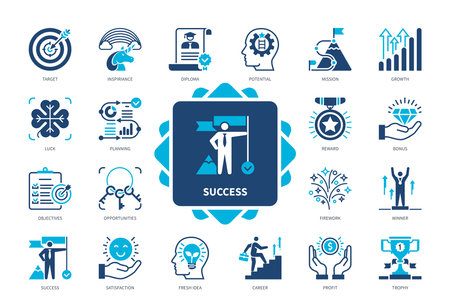 Success icon set. Winner, Potential, Reward, Planning, Target, Luck, Opportunities, Profit, Career, Growth. Duotone color solid iconsのイラスト素材