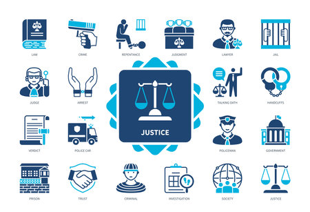 Justice icon set. Lawyer, Verdict, Arrest, Judge, Prison, Investigation, Justice, Repentance. Duotone color solid iconsのイラスト素材