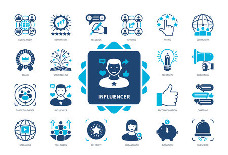 Influencer icon set. Followers, Recommendation, Ambassador, Feedback, Rating, Reputation, Community, Streaming. Duotone color solid iconsのイラスト素材