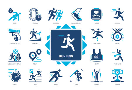 Running icon set. Sprint, Stadium, Overcoming, Route, Trophy, Winner, Cardio, Starting Pistol. Duotone color solid iconsのイラスト素材