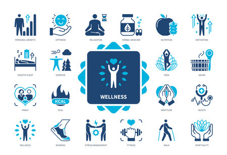 Wellness icon set. Family, Wellness, Nutrition, Running, Relaxation, Personal Growth, Yoga, Motivation. Duotone color solid iconsのイラスト素材