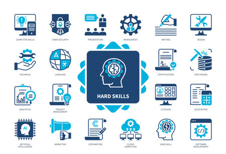 Hard Skills icon set. Data Mining, Technical, Artificial Intelligence, Cyber Security, Copywriting, Design, Project Management. Duotone color solid iconsのイラスト素材