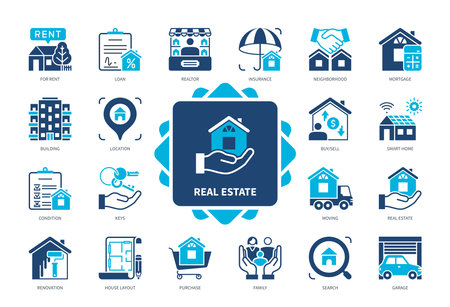 Real Estate icon set. Building, Garage, Loan, Purchase, Neighborhood, Mortgage, Insurance, Renovation. Duotone color solid iconsのイラスト素材
