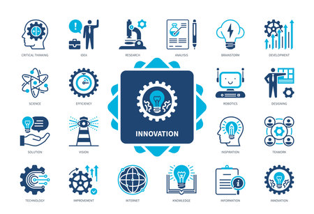 Innovation icon set. Brainstorm, Technology, Teamwork, Idea, Designing, Development, Research, Critical Thinking. Duotone color solid iconsのイラスト素材
