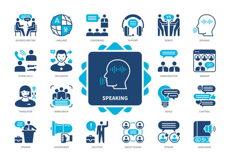 Speaking icon set. Business Meeting, Communication, Language, Loudspeaker, Influencer, Opinion, Webinar, Conference. Duotone color solid iconsのイラスト素材
