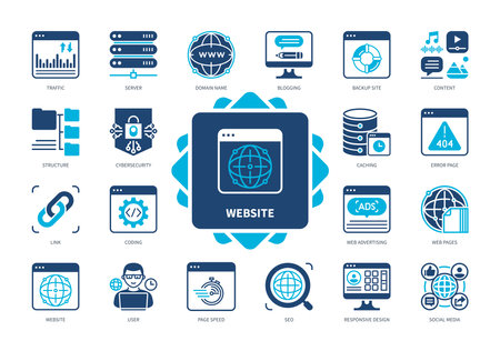 Website icon set. Server, Traffic, Structure, Responsive Design, Content, Cyber Security, Social Media, Coding. Duotone color solid iconsのイラスト素材