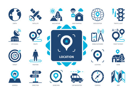 Location icon set. Address, Traffic Light, Route, Car Navigation, Compass, Satellite, Earth, Direction. Duotone color solid iconsのイラスト素材