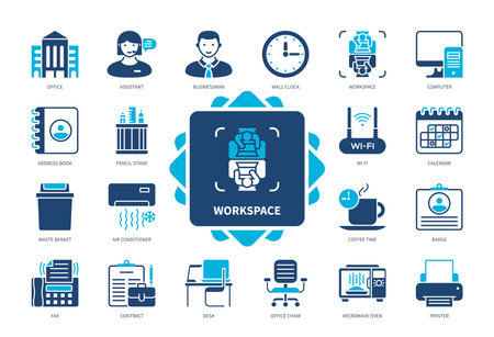 Workspace icon set. Office, Assistant, Businessman, Printer, Contract, Address Book, Calendar, Computer. Duotone color solid iconsのイラスト素材
