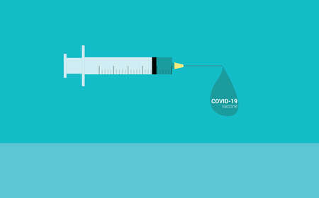 COVID-19 vaccine injection concept. Drop of coronavirus vaccine hanging from syringe needleのイラスト素材